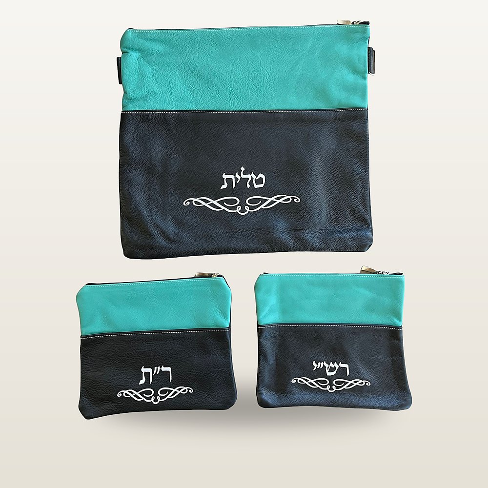 תיק טלית ושני נרתיקי תפילין מעור בשחור וטורקיז, עם רקמה לבנה ועיטור מסולסל
