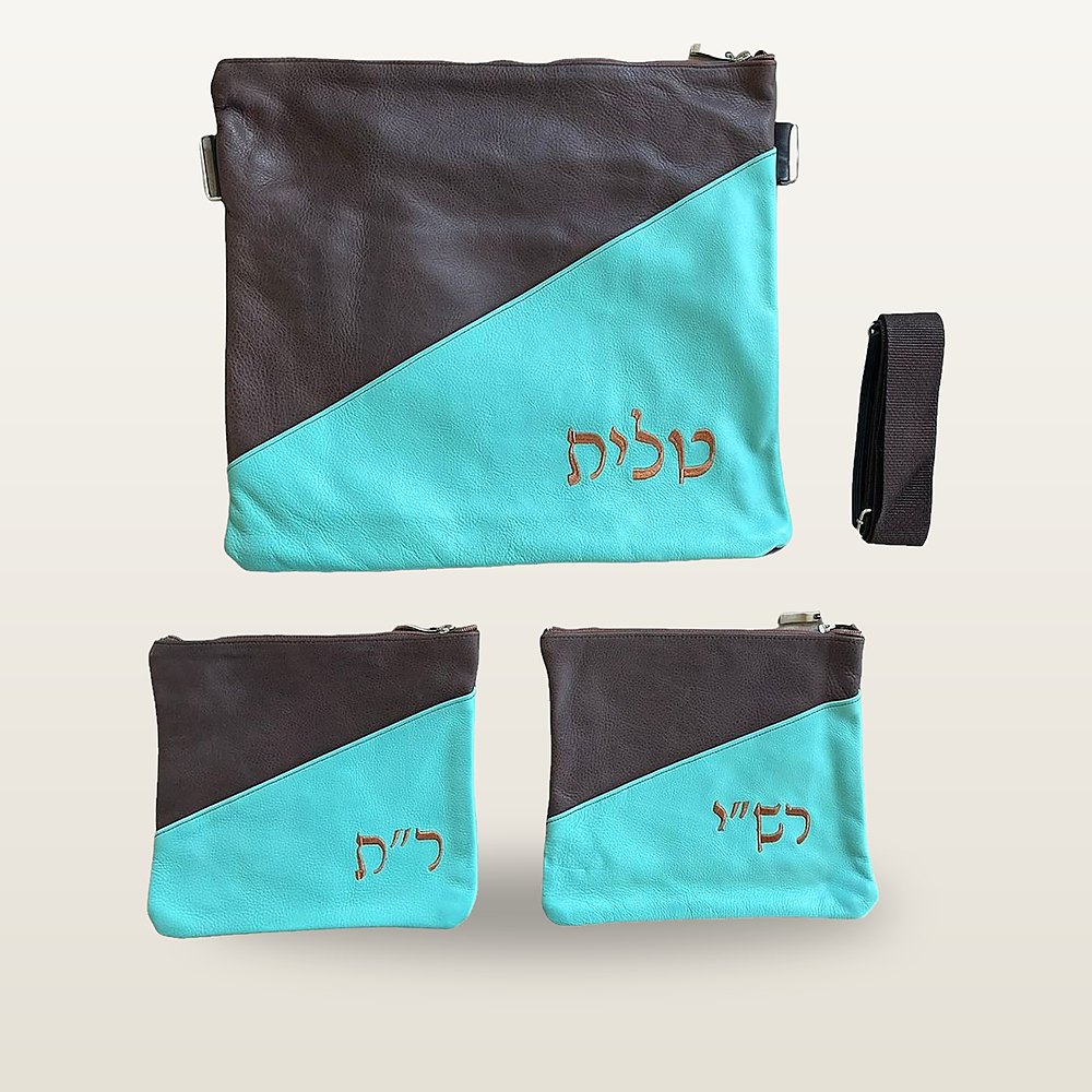 תיק טלית ושני נרתיקי תפילין מעור בחום וטורקיז, עיצוב אלכסוני, רקמה בגוון נחושת ורצועת כתף
